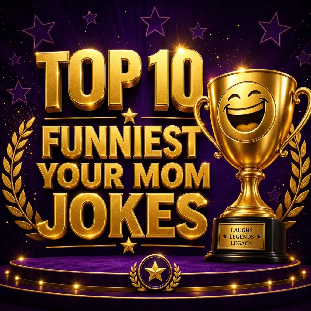 A luxurious 1200x1200px award-style graphic with a deep purple and gold color scheme. The center features large, elegant 3D golden text reading "TOP 10 FUNNIEST YOUR MOM JOKES." To the right is a large golden trophy with a laughing emoji face, sitting on a podium with a laurel wreath and stars in the background.