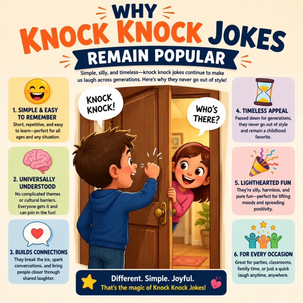 Colorful infographic explaining why knock knock jokes remain popular, featuring children telling a knock knock joke at a door and six reasons including simplicity, universal appeal, social connection, timeless charm, lighthearted fun, and suitability for every occasion.
