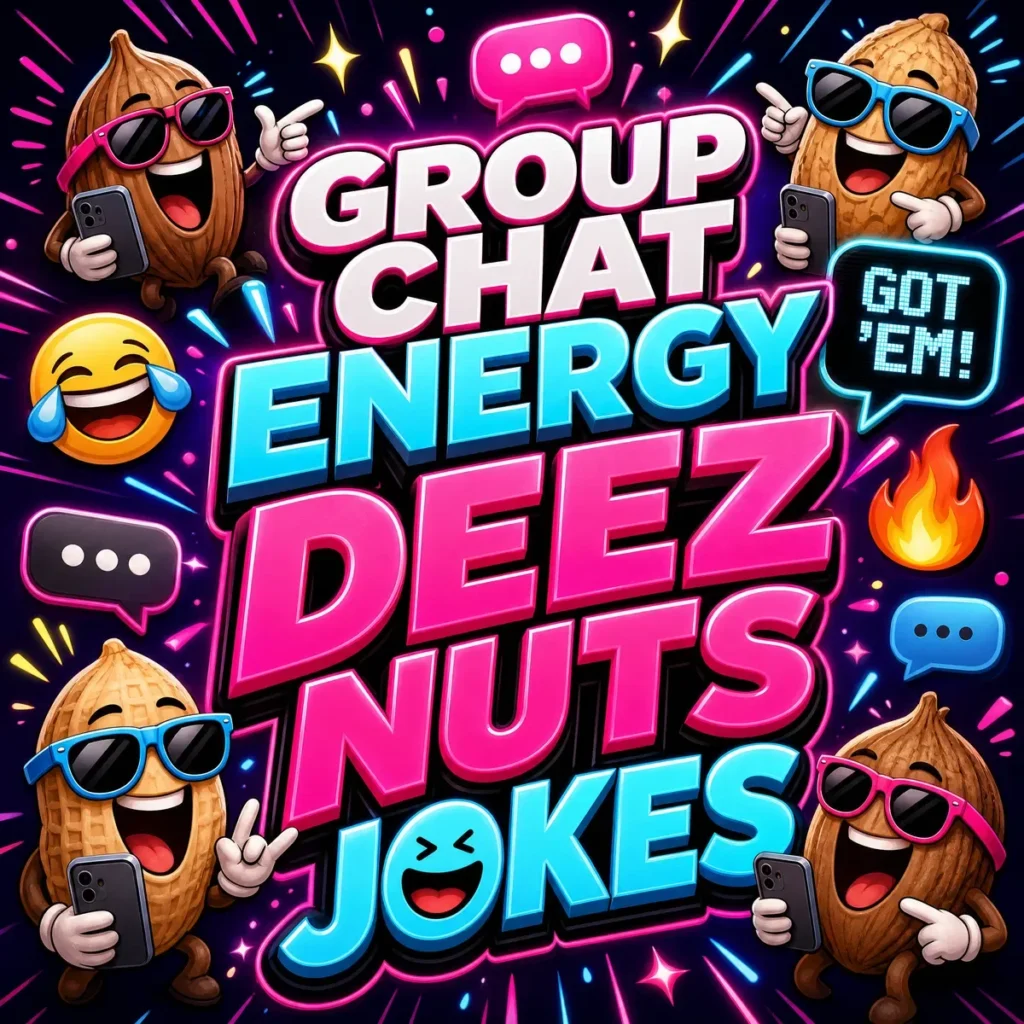 A vibrant 1200x1200px square graphic with a social media aesthetic. The center features bold 3D text reading "GROUP CHAT ENERGY DEEZ NUTS JOKES" in neon pink and cyan. The dark purple background is filled with glowing chat bubbles, fire emojis, and laughing faces. Four funny cartoon nut characters wearing sunglasses are shown laughing and holding smartphones, with a digital-style speech bubble that says "GOT 'EM!".