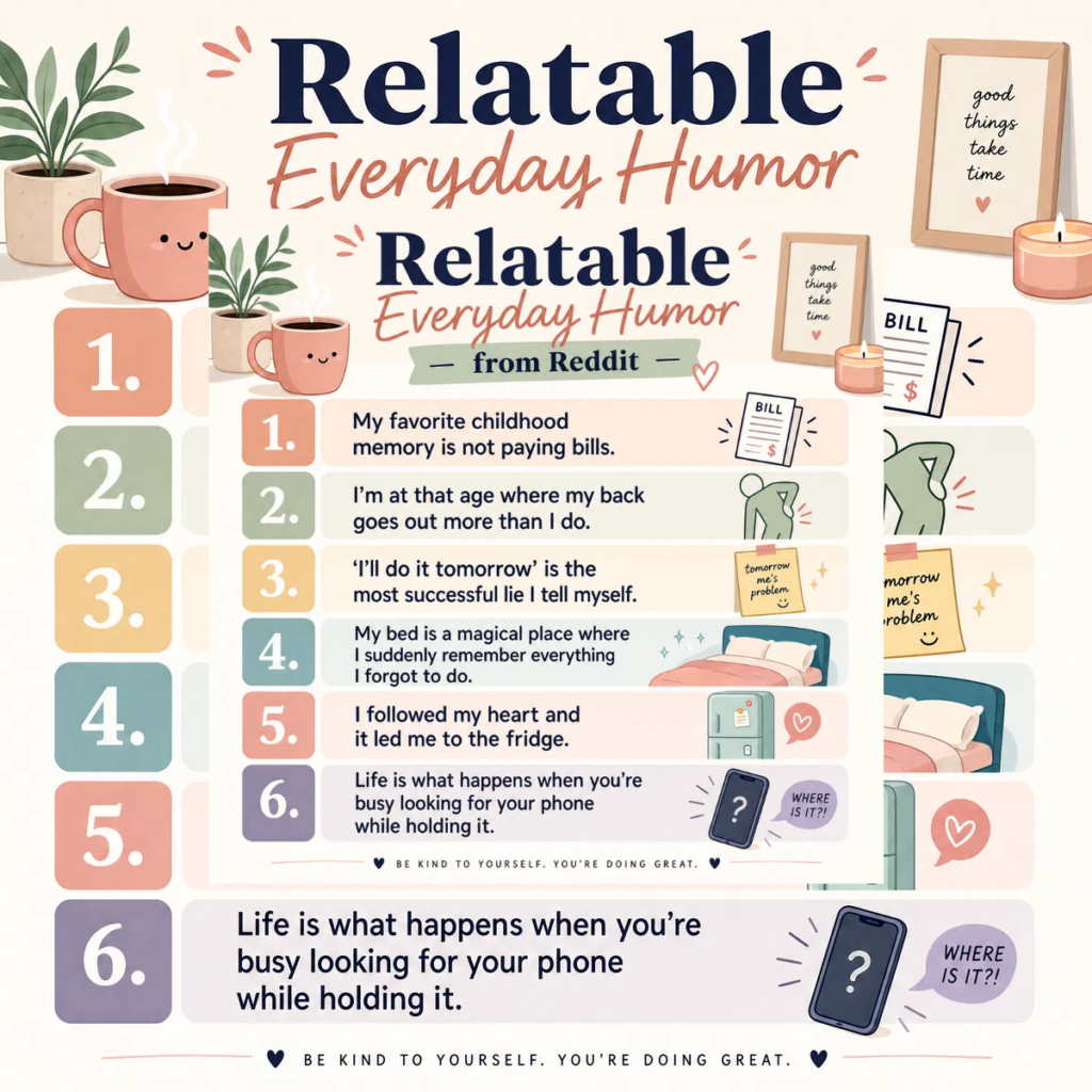 Illustration showing relatable everyday Reddit humor with people experiencing funny daily life situations, awkward moments, and common struggles.