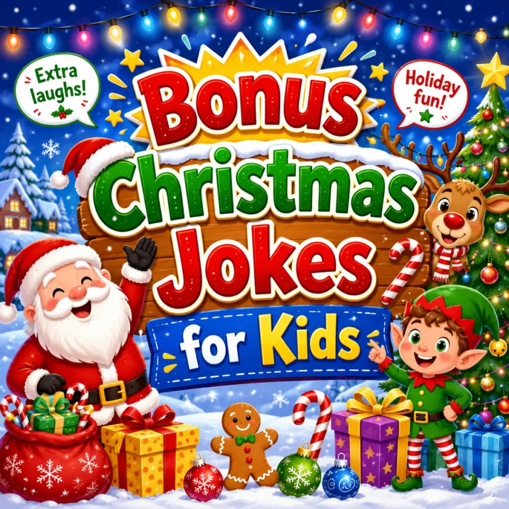 Bonus Christmas jokes for kids graphic with Santa, elf, reindeer, Christmas tree, presents, snow, candy canes, and festive holiday lights.
