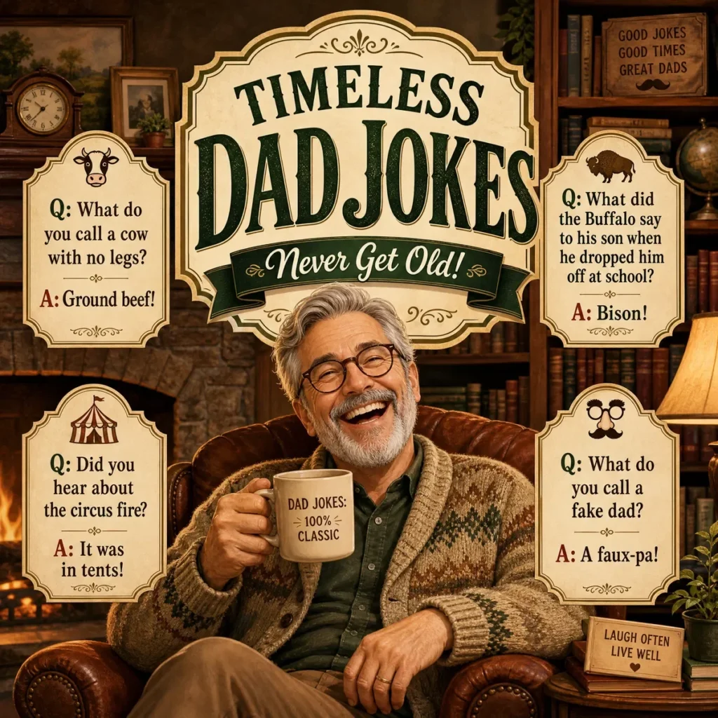 A warm and nostalgic 1200x1200px square poster titled "TIMELESS DAD JOKES (Never Get Old!)" featuring a cheerful, gray-haired dad character in a cozy cardigan laughing in a study. Four classic dad jokes are shown in vintage-style plaques: a cow with no legs (ground beef), a buffalo saying goodbye to his son (bison), a circus fire (in tents), and a fake dad (a faux-pa).