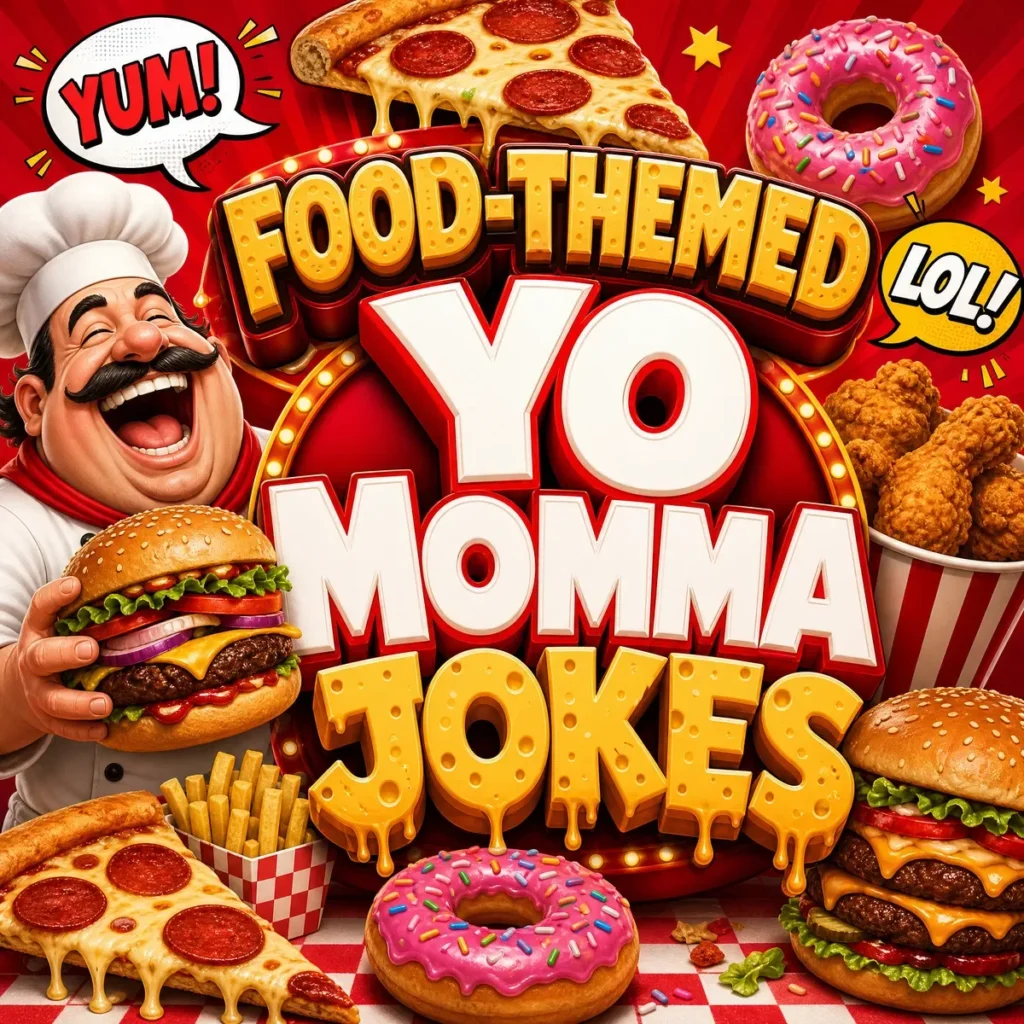 A mouth-watering 1200x1200px square graphic with a vibrant red and yellow diner theme. The center features large 3D text reading "FOOD-THEMED YO MOMMA JOKES" with a cheesy, melting texture. A jolly cartoon chef with a mustache is laughing heartily while holding a large, juicy cheeseburger. The scene is surrounded by delicious-looking illustrations of pepperoni pizza slices, pink frosted donuts with sprinkles, and a bucket of fried chicken.