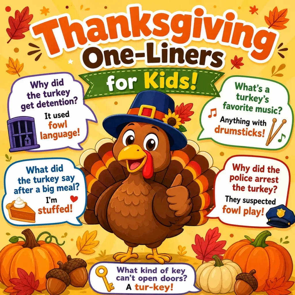 Smiling children sharing funny Thanksgiving one-liner jokes around a festive dinner table with turkey, pumpkins, autumn leaves, and holiday decorations.