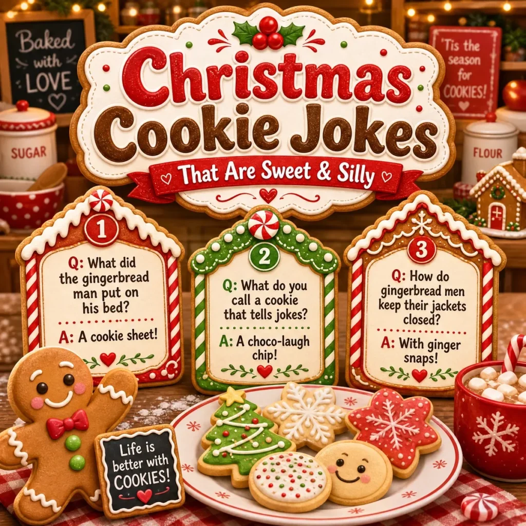A square 1200x1200px festive poster titled "Christmas Cookie Jokes That Are Sweet & Silly" featuring a smiling gingerbread man and a plate of frosted cookies. Three jokes are displayed in decorative panels shaped like gingerbread houses: one about a gingerbread man's bed (a cookie sheet), one about a choco-laugh chip, and one about ginger snaps.