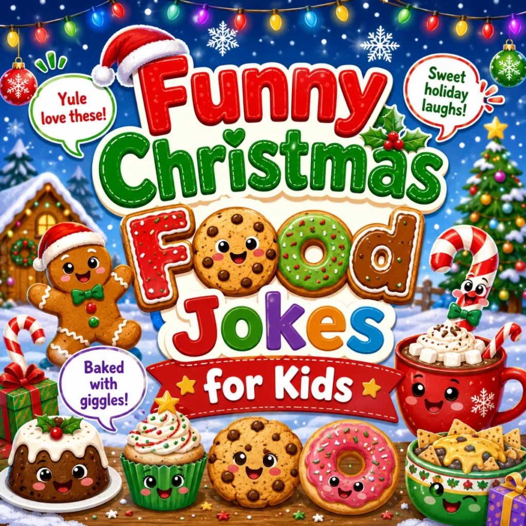 Funny Christmas food jokes for kids graphic with smiling cookies, gingerbread, donuts, hot cocoa, Christmas pudding, candy canes, snow, and festive lights.