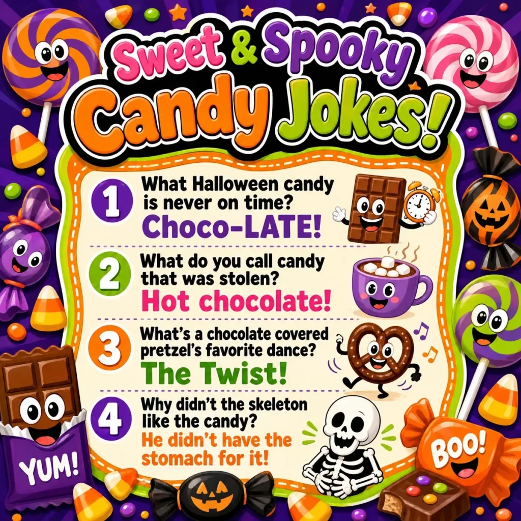 A colorful square graphic with a central text box containing four candy-themed Halloween jokes, surrounded by vibrant illustrations of candy corn, lollipops, chocolate bars, and a friendly skeleton.