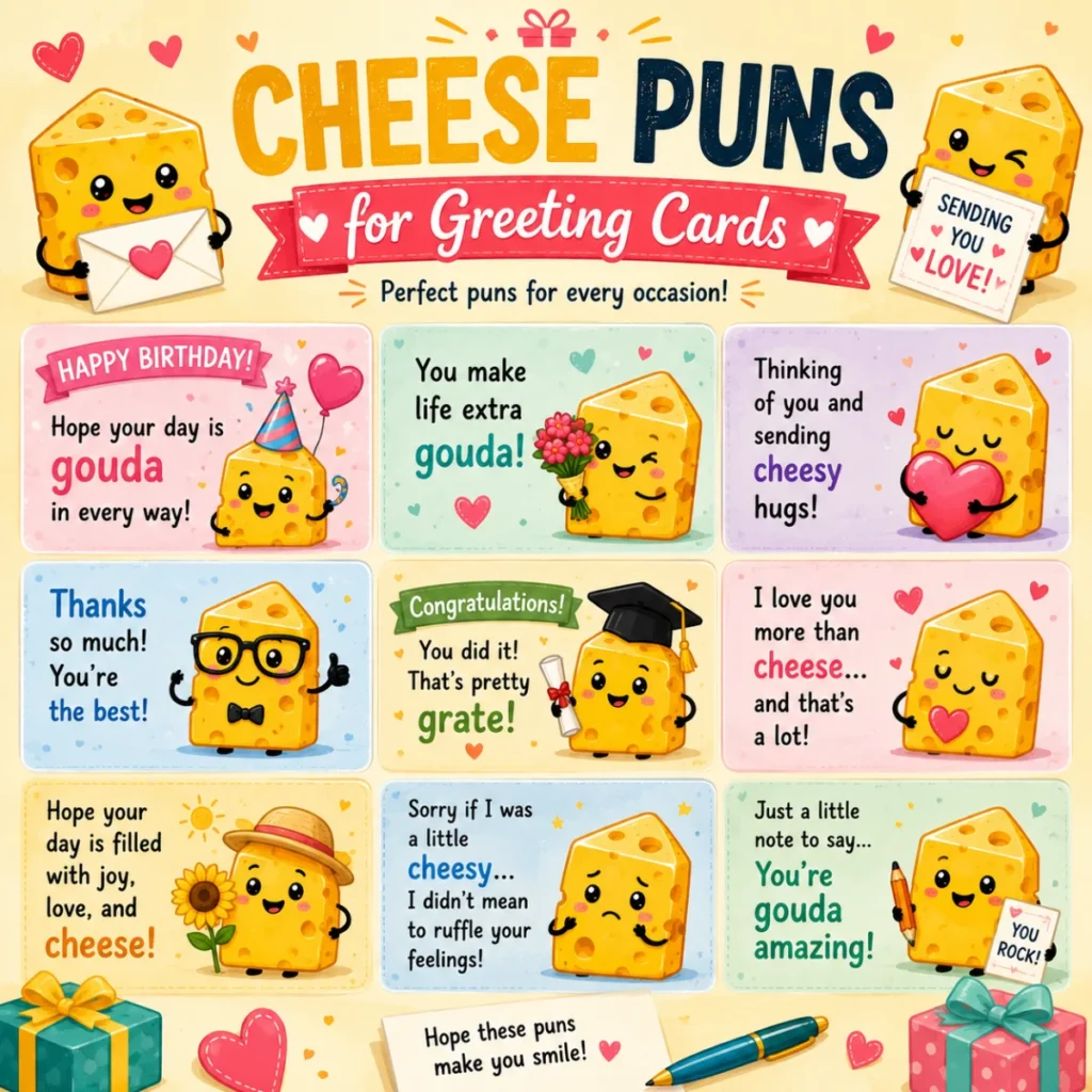 A colorful square graphic featuring adorable cartoon cheese characters holding greeting cards, flowers, gifts, and hearts, alongside funny cheese puns for birthdays, congratulations, thank-you messages, and special occasions.