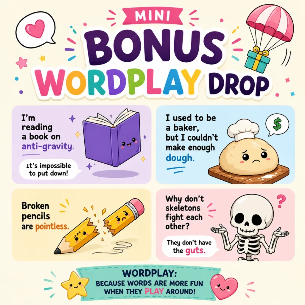 Colorful birthday-themed graphic featuring playful wordplay and a mini bonus celebration message with cake and festive elements.