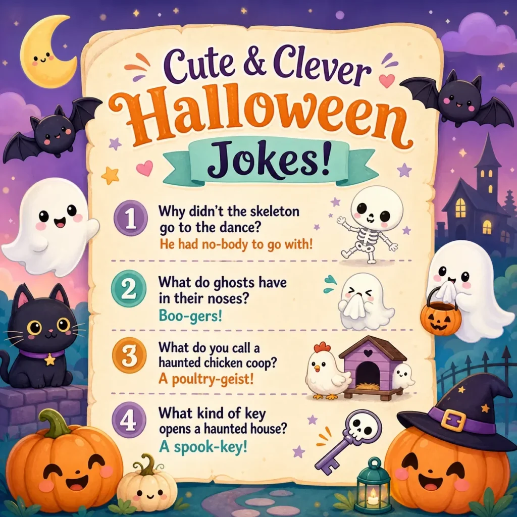 A whimsical square graphic with a central parchment-style text box containing four cute Halloween jokes, surrounded by adorable illustrations of friendly ghosts, a black cat, smiling pumpkins, and bats.