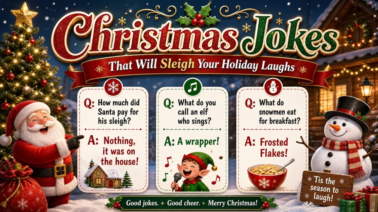 A festive Christmas-themed poster titled "Christmas Jokes That Will Sleigh Your Holiday Laughs" featuring Santa Claus, a singing elf, and a snowman with three holiday-themed jokes in white text boxes against a cozy winter background.