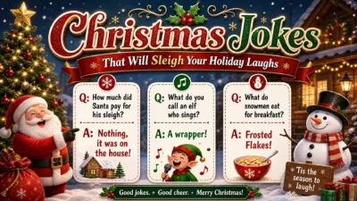 A festive Christmas-themed poster titled "Christmas Jokes That Will Sleigh Your Holiday Laughs" featuring Santa Claus, a singing elf, and a snowman with three holiday-themed jokes in white text boxes against a cozy winter background.