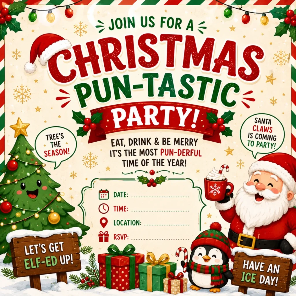 Festive Christmas party invitation graphic featuring Santa Claus, a decorated Christmas tree, wrapped gifts, a penguin, holiday lights, and funny Christmas puns with space to add party details such as date, time, location, and RSVP information.