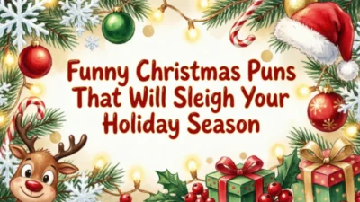 Festive Christmas themed typography design featuring funny holiday puns with decorative ornaments, snowflakes, and a cheerful winter background.