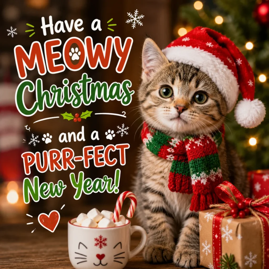 Adorable tabby kitten wearing a Santa hat and festive scarf beside the holiday cat pun “Have a Meowy Christmas and a Purr-fect New Year” with Christmas lights and gifts.