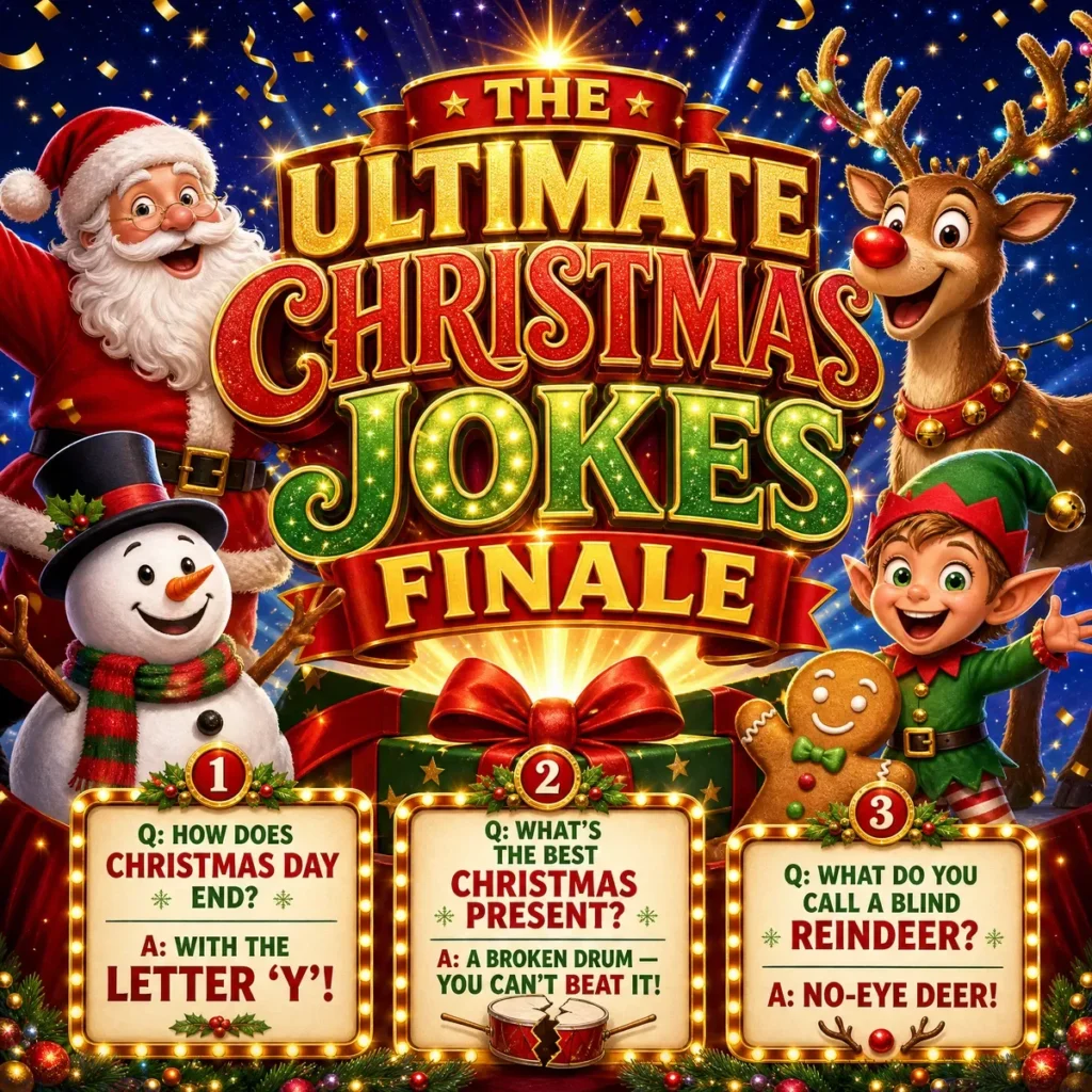 A grand, cinematic 1200x1200px square poster titled "The Ultimate Christmas Jokes Finale" featuring Santa Claus, Rudolph, a snowman, an elf, and a gingerbread man celebrating around a glowing gift box. Three ultimate jokes are displayed in illuminated panels: how Christmas Day ends (with the letter 'Y'), the best Christmas present (a broken drum), and what you call a blind reindeer (no-eye deer).