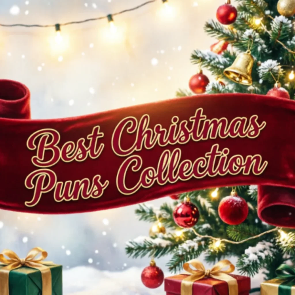 Festive Christmas design featuring “Best Christmas Puns Collection” text with holiday decorations like Santa hat, snowflakes, ornaments, and winter-themed background.