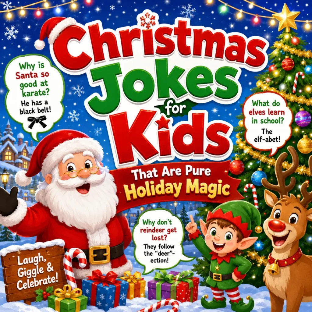 Christmas jokes for kids holiday magic graphic with Santa, elf, reindeer, Christmas tree, presents, snow, lights, and funny joke bubbles.