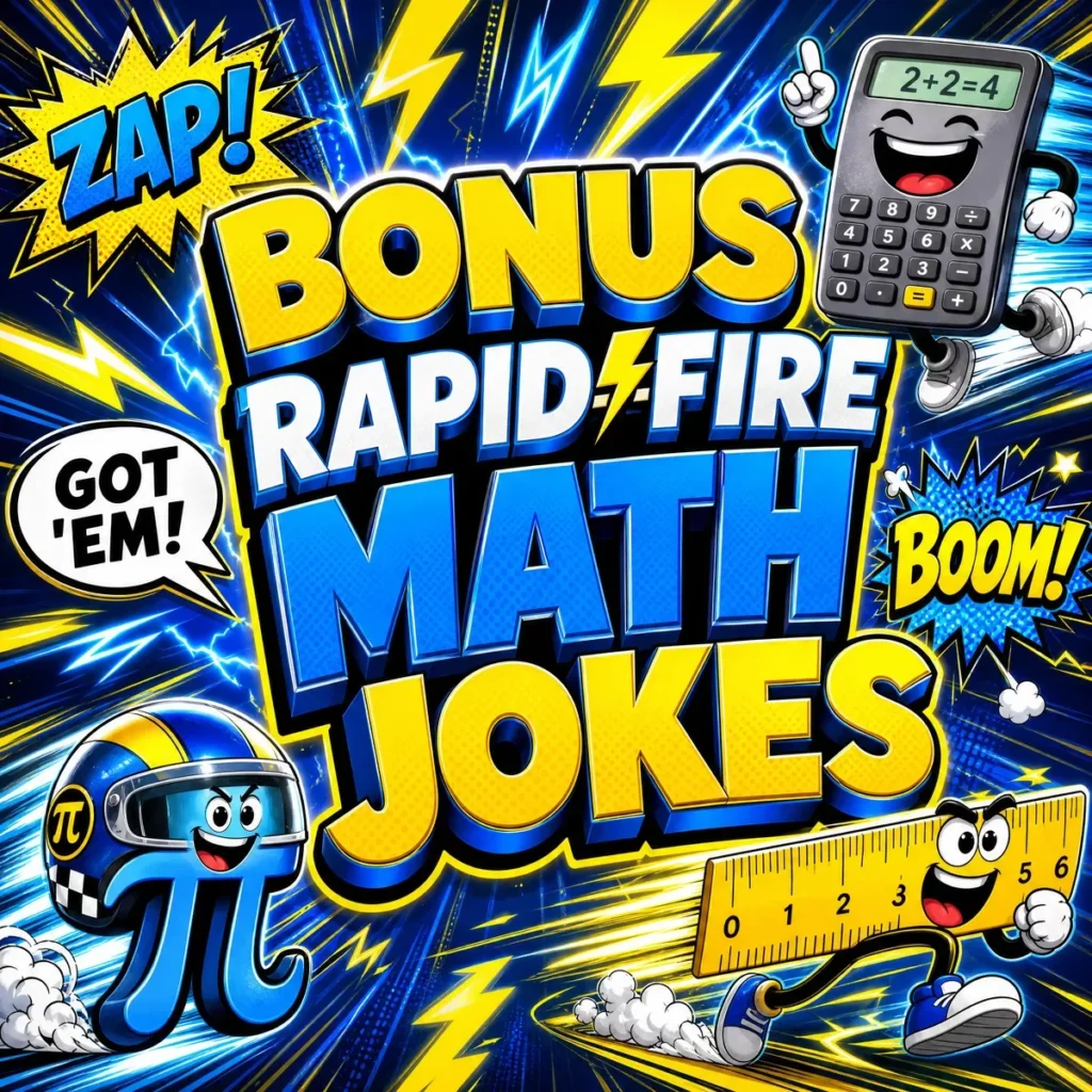 A high-energy 1200x1200px square graphic with an electric yellow and neon blue color scheme. The center features bold 3D text reading "BONUS RAPID-FIRE MATH JOKES." The background is filled with dynamic lightning bolts, speed lines, and comic-style action bursts labeled "ZAP!" and "BOOM!". Three funny cartoon characters are shown: a laughing digital calculator, a blue pi symbol wearing a racing helmet, and a yellow ruler running at lightning speed. A speech bubble says "GOT 'EM!".