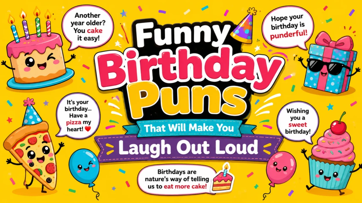 Funny birthday puns poster with colorful cartoon design, birthday cake, gifts, and playful text saying “Funny Birthday Puns That Will Make You Laugh Out Loud”.