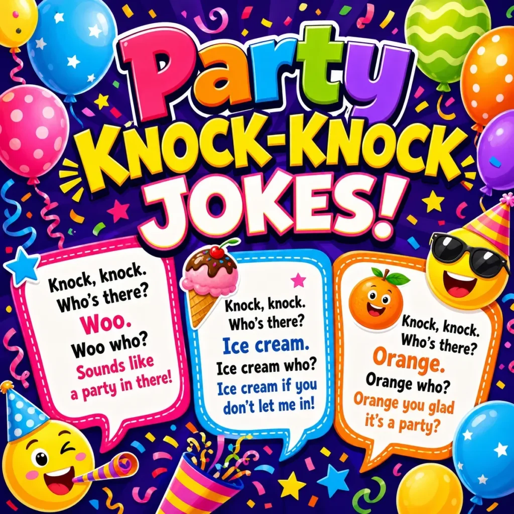 A vibrant 1200x1200px party-themed poster featuring colorful balloons, confetti, and three speech bubbles with knock-knock jokes about 'Woo', 'Ice Cream', and 'Orange'.