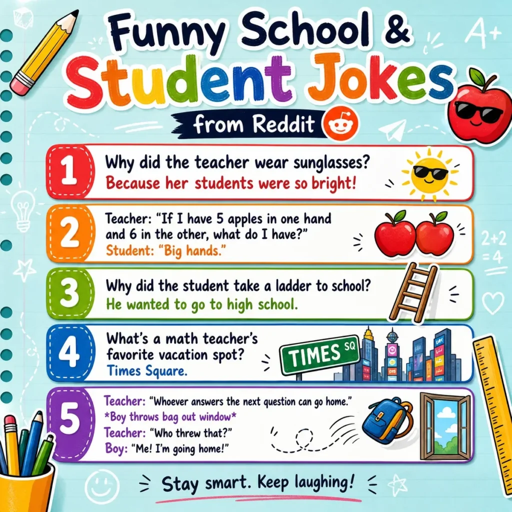A colorful 1200x1200px square infographic titled "Funny School & Student Jokes from Reddit" on a light-teal notebook background. It lists five school-themed jokes with playful icons like pencils, apples wearing sunglasses, and a school bag.