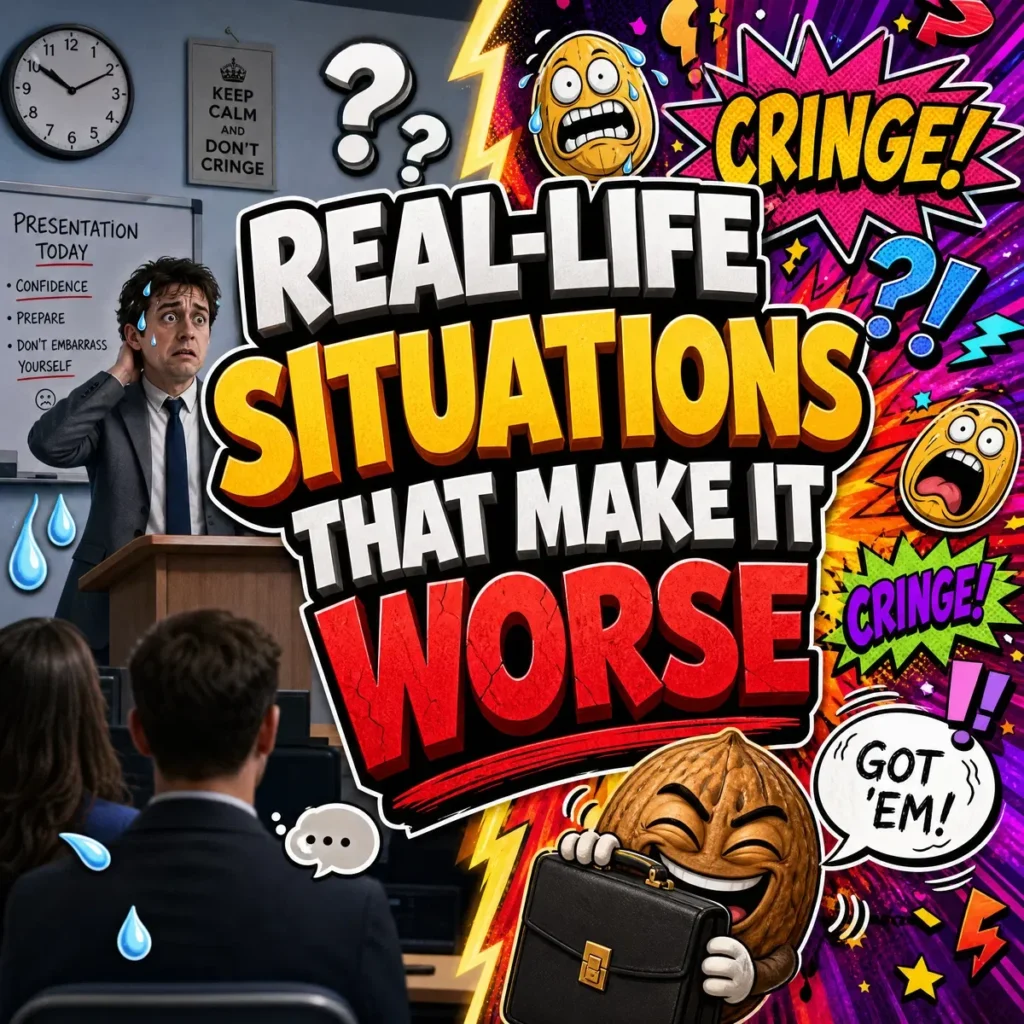 A dramatic 1200x1200px square graphic with a split-screen design. The left side shows a nervous man in a suit giving a presentation with sweat drops on his forehead and a "KEEP CALM AND DON'T CRINGE" sign. The right side is a chaotic comic-style explosion with "CRINGE!" callouts and question marks. A laughing cartoon walnut character with a briefcase hides at the bottom, and a speech bubble says "GOT 'EM!".