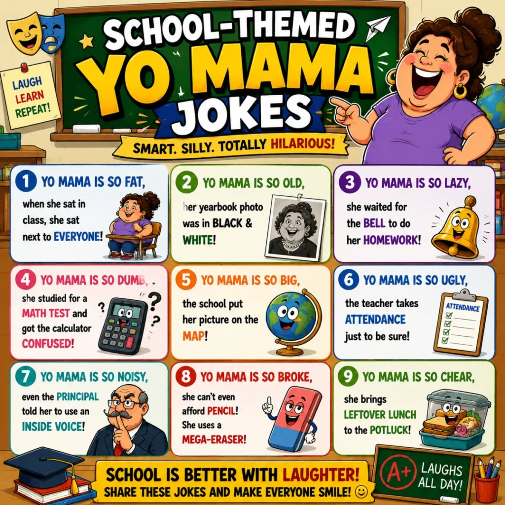 Colorful school-themed Yo Mama jokes infographic featuring a cartoon classroom, humorous joke panels, school supplies, a chalkboard, and a laughing cartoon mother character in a comic-style design.