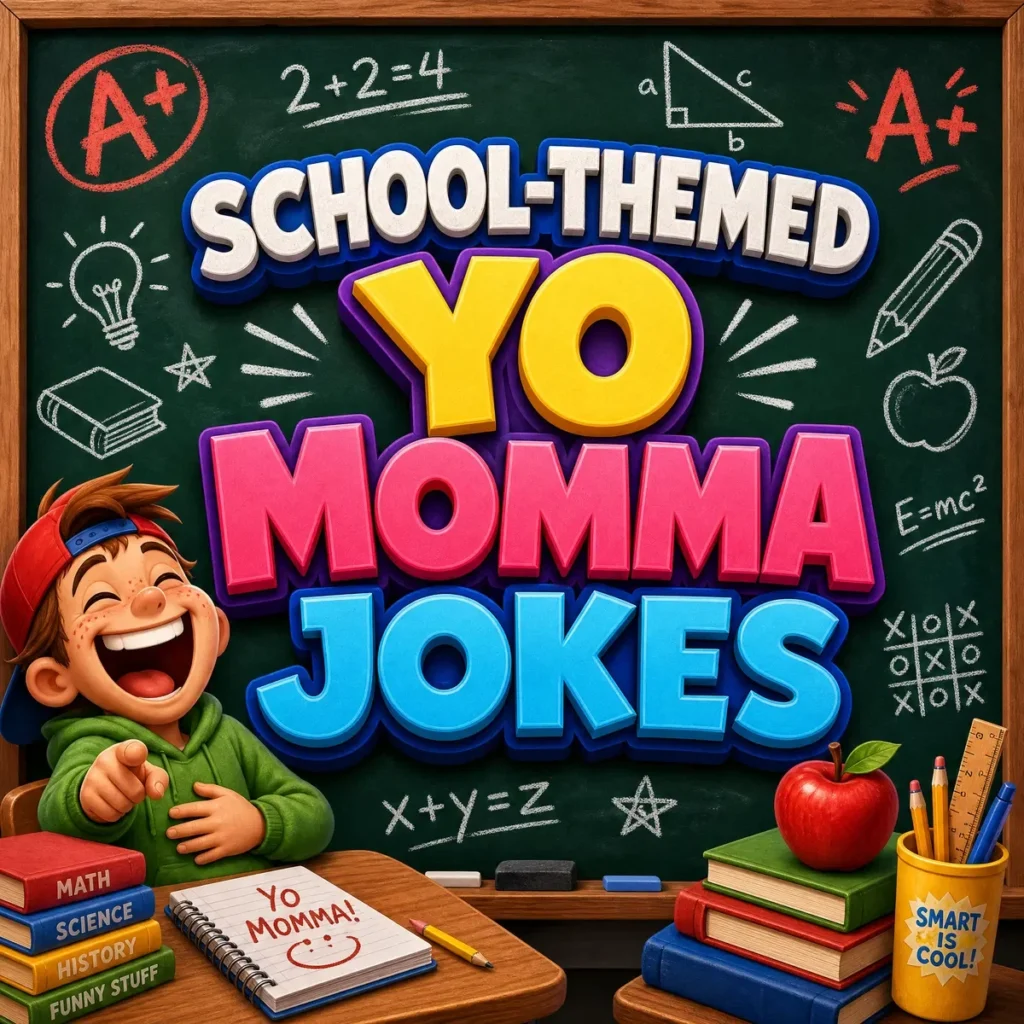 A playful 1200x1200px square graphic with a classroom theme. The center features large, colorful 3D text reading "SCHOOL-THEMED YO MOMMA JOKES" against a green chalkboard background. A laughing cartoon student in a green hoodie sits at a desk, pointing and holding his stomach. The scene is filled with school-related details like stacks of textbooks labeled "Math" and "Science," a red apple, pencils in a cup, and chalk drawings of equations and stars.