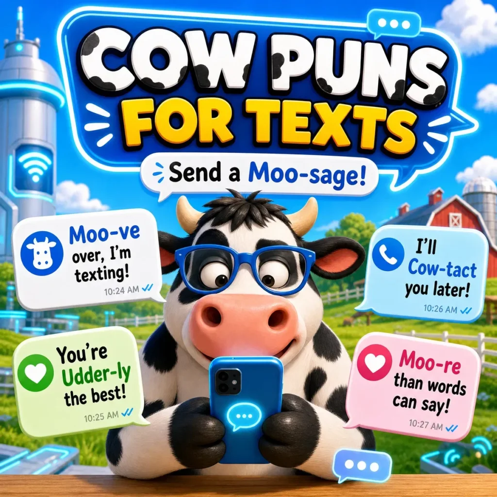 A square illustration of a cartoon cow with glasses holding a glowing smartphone. Digital chat bubbles in various colors float around the cow, each containing a funny cow-themed pun for texting.