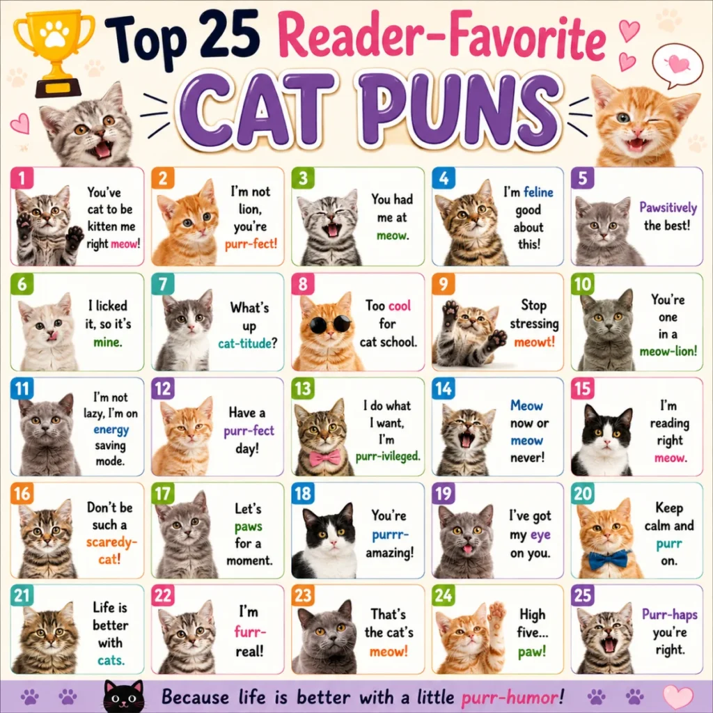 A fun illustrated list of the top 25 reader-favorite cat puns featuring playful cat humor and witty wordplay for cat lovers.