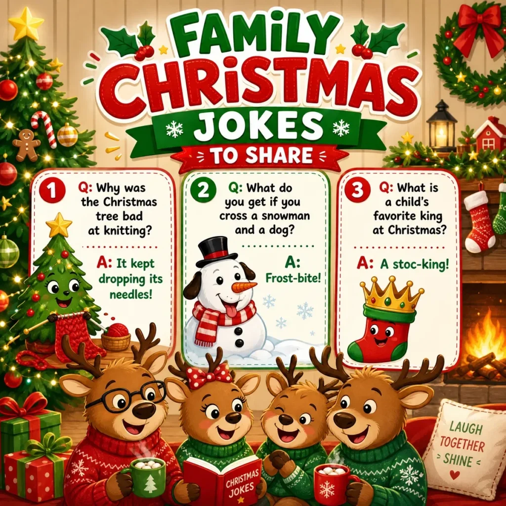 A square 1200x1200px festive poster titled "Family Christmas Jokes to Share" featuring a family of cartoon reindeer in sweaters. Three clean jokes are displayed in decorative panels: one about a Christmas tree dropping needles, one about a snowman-dog cross (frost-bite), and one about a child's favorite king (stoc-king).