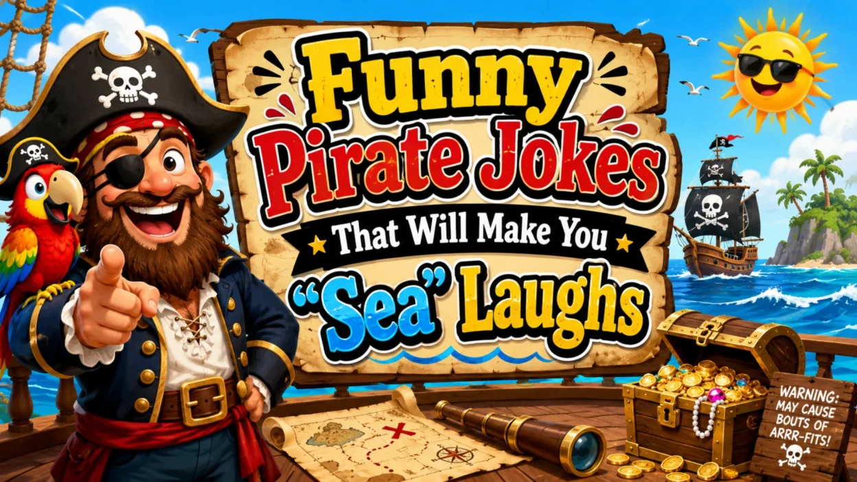 Funny pirate jokes featuring cheerful cartoon pirates, a pirate ship, treasure chest, and ocean-themed humor for all ages.