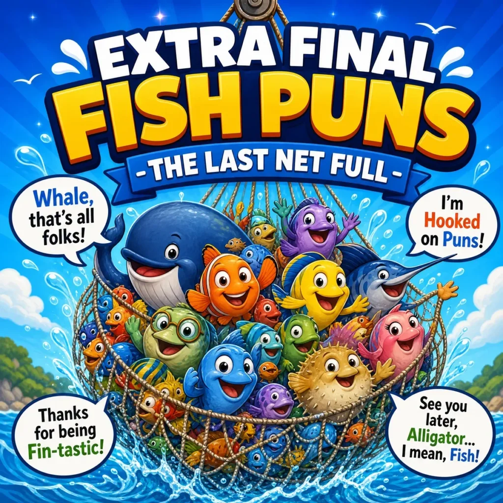 A square illustration of a large fishing net being pulled out of the water, bursting with dozens of colorful, smiling cartoon fish of all shapes and sizes. Speech bubbles with farewell fish puns surround the net.