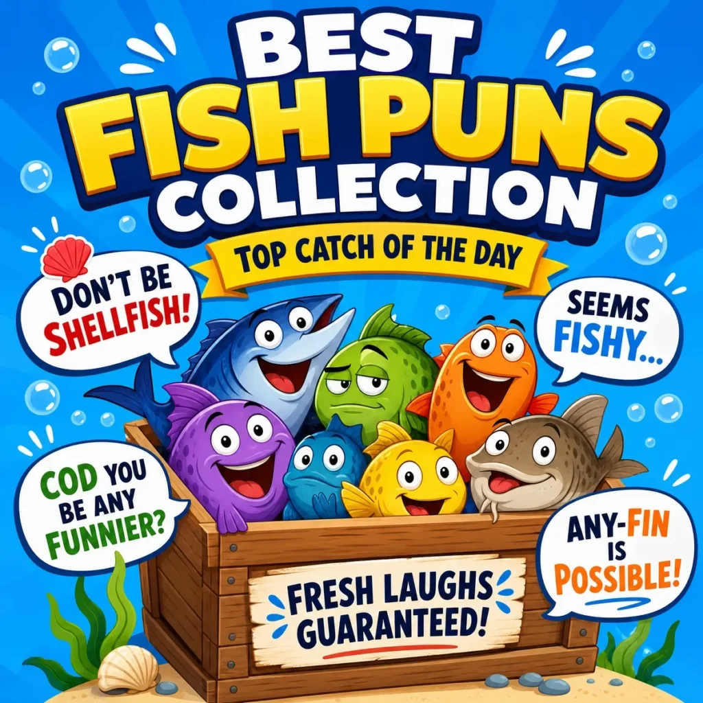 A square illustration of a wooden fishing crate overflowing with colorful, expressive cartoon fish. Speech bubbles around the crate feature various fish puns on a bright blue background.