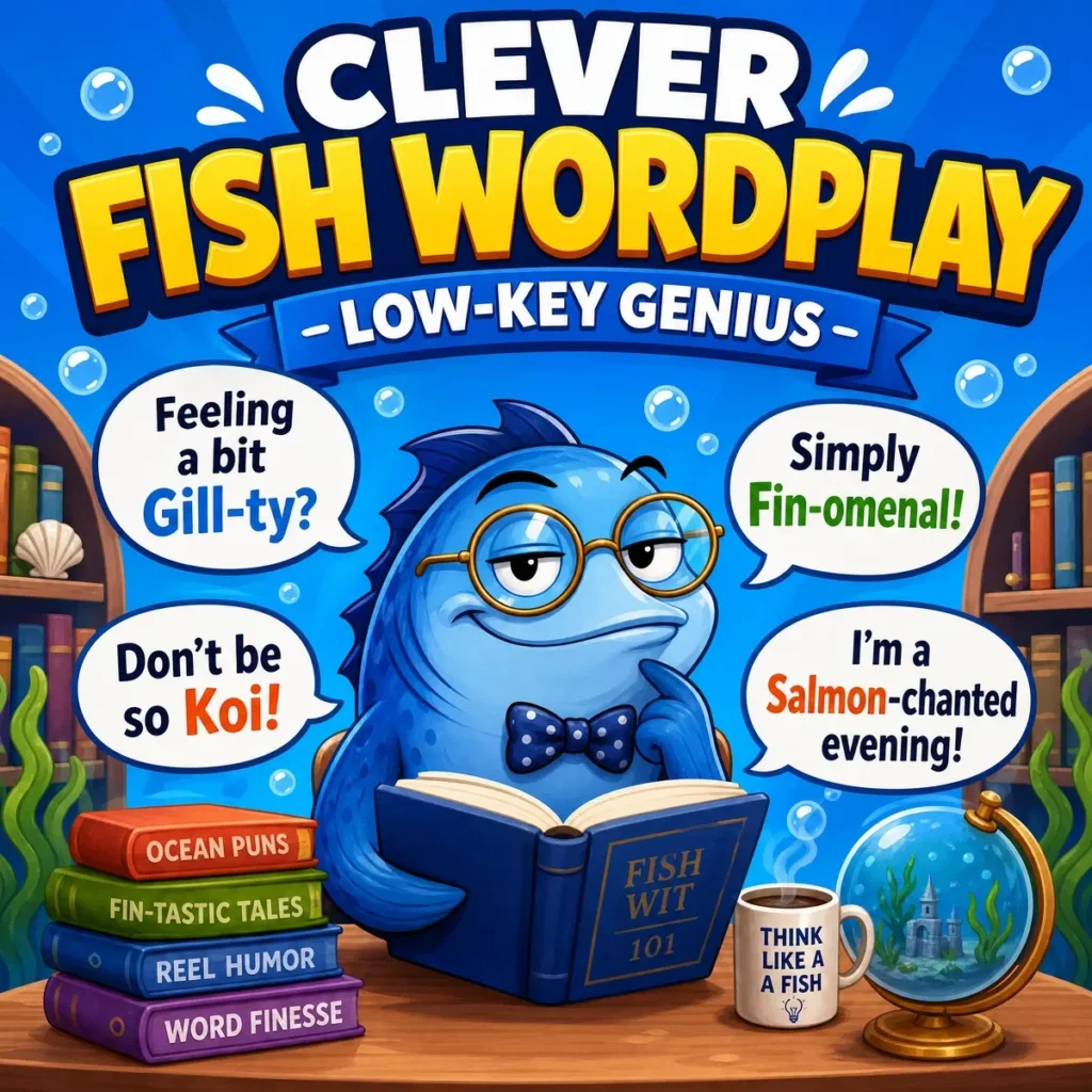 A square illustration of a smart-looking blue fish wearing glasses and a bow tie, reading a book in an underwater library. Speech bubbles around the fish feature clever fish-related wordplay.