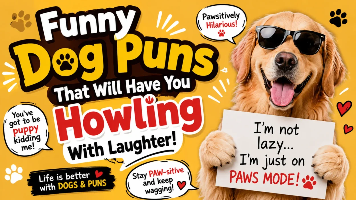 Cute illustration of playful dogs with humorous expressions representing funny dog puns that bring laughter and joy.