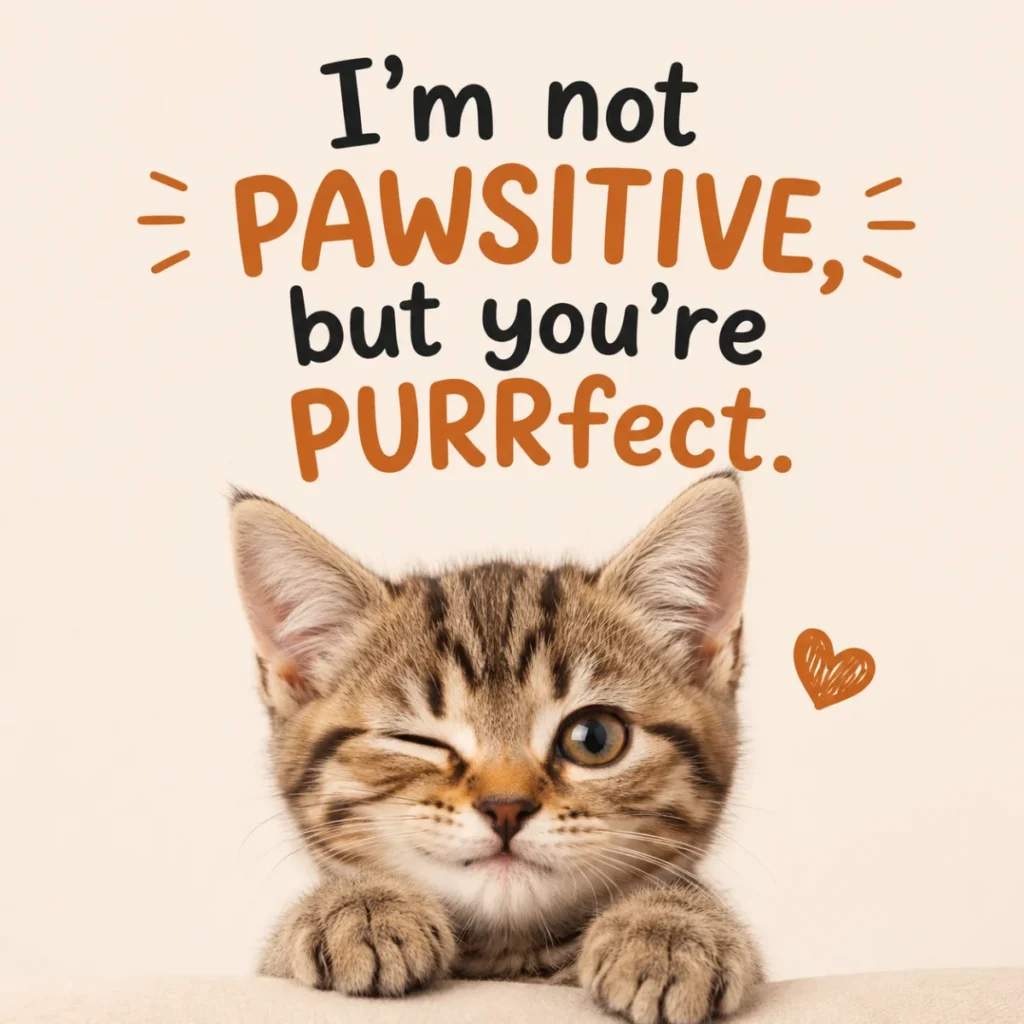 Cute winking tabby kitten with the funny cat pun “I’m not pawsitive, but you’re purrfect” on a soft beige background in a square social media graphic.