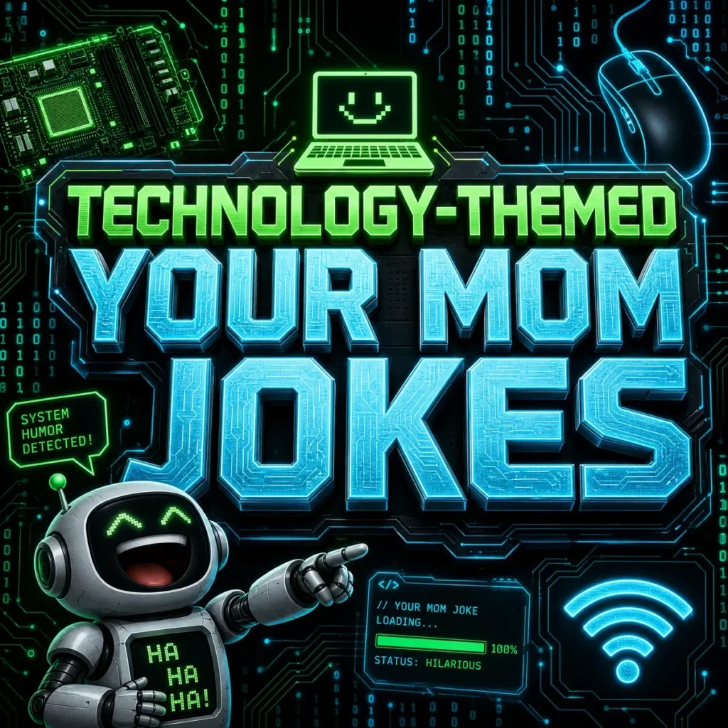 A sleek, square cyberpunk-style graphic with a dark background and glowing neon green and cyan accents. The center features large, digital 3D text reading "TECHNOLOGY-THEMED YOUR MOM JOKES." The background is filled with circuit board traces, binary code, and glowing icons of a motherboard, Wi-Fi, and a mouse. A cute, laughing robot in the corner points to a screen that says "SYSTEM HUMOR DETECTED!"