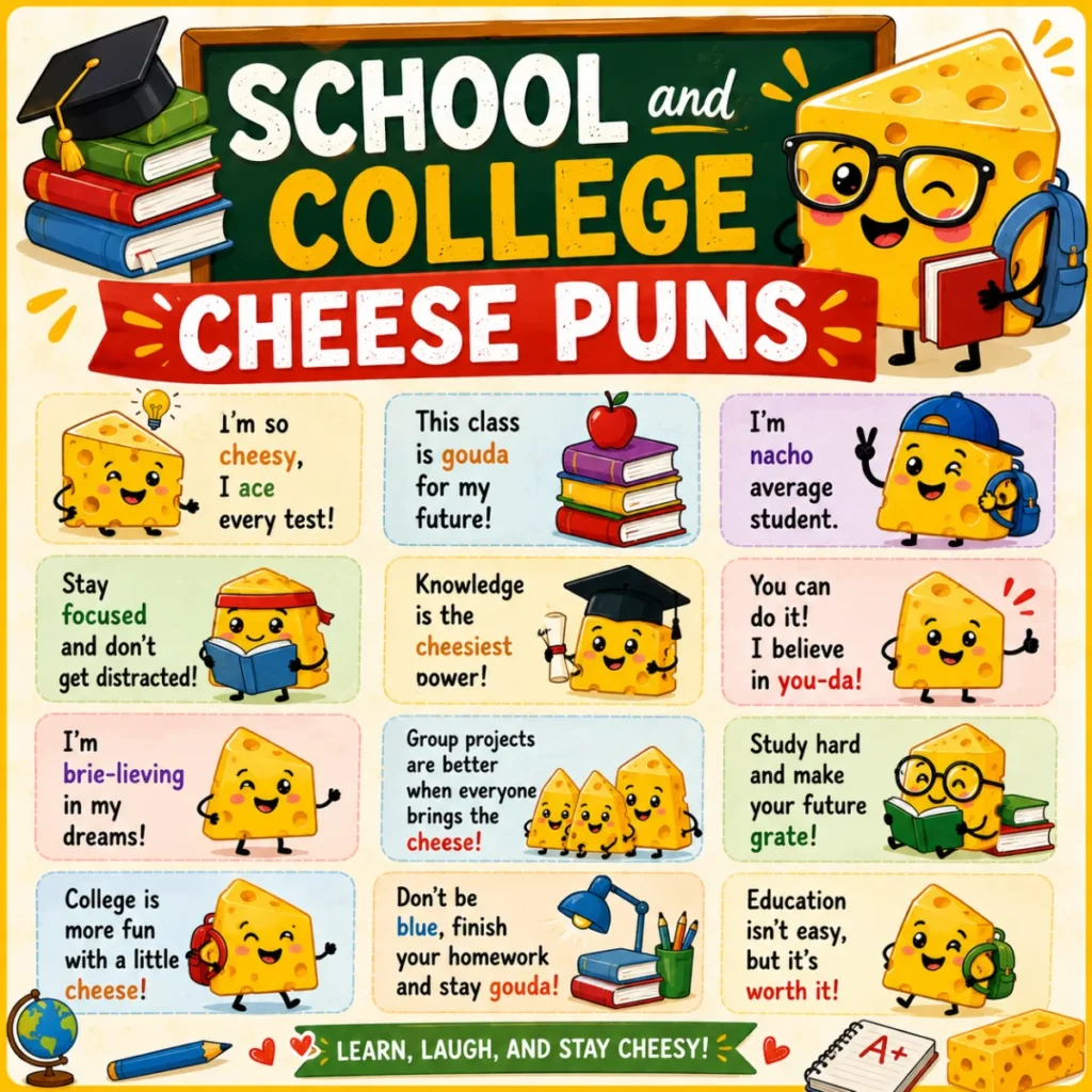 A colorful square graphic featuring cheerful cartoon cheese characters in a school setting with books, graduation caps, backpacks, and funny school-themed cheese puns on a bright educational background.