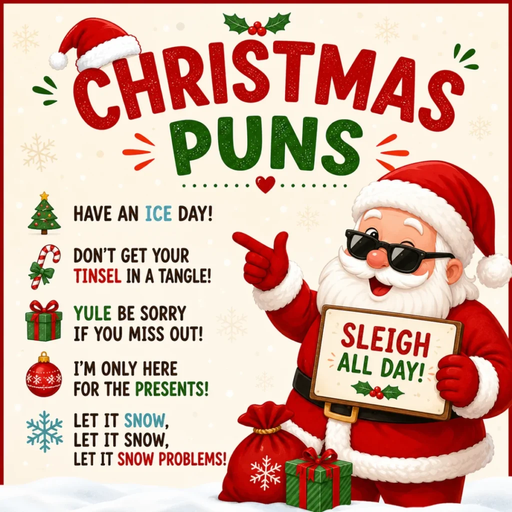Festive square social media graphic featuring Santa Claus in sunglasses holding a “Sleigh All Day!” sign, surrounded by Christmas puns, gifts, snowflakes, holly, and holiday decorations on a snowy background.
