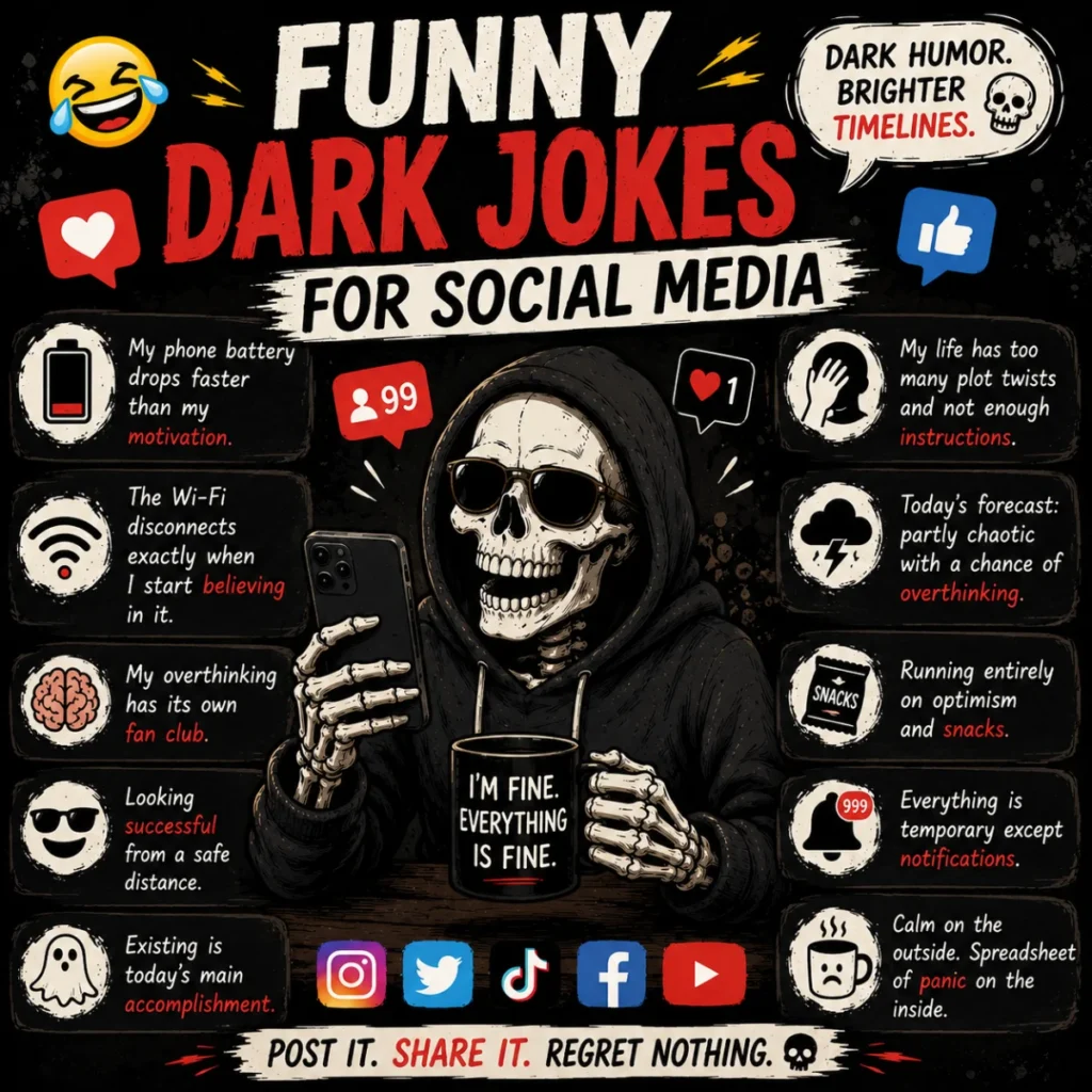 A square dark humor social media graphic featuring a skeleton in a hoodie holding a smartphone and a coffee mug. Bold typography reads "Funny Dark Jokes for Social Media" alongside witty one-liners, social media icons, and playful humor elements on a black grunge-style background.