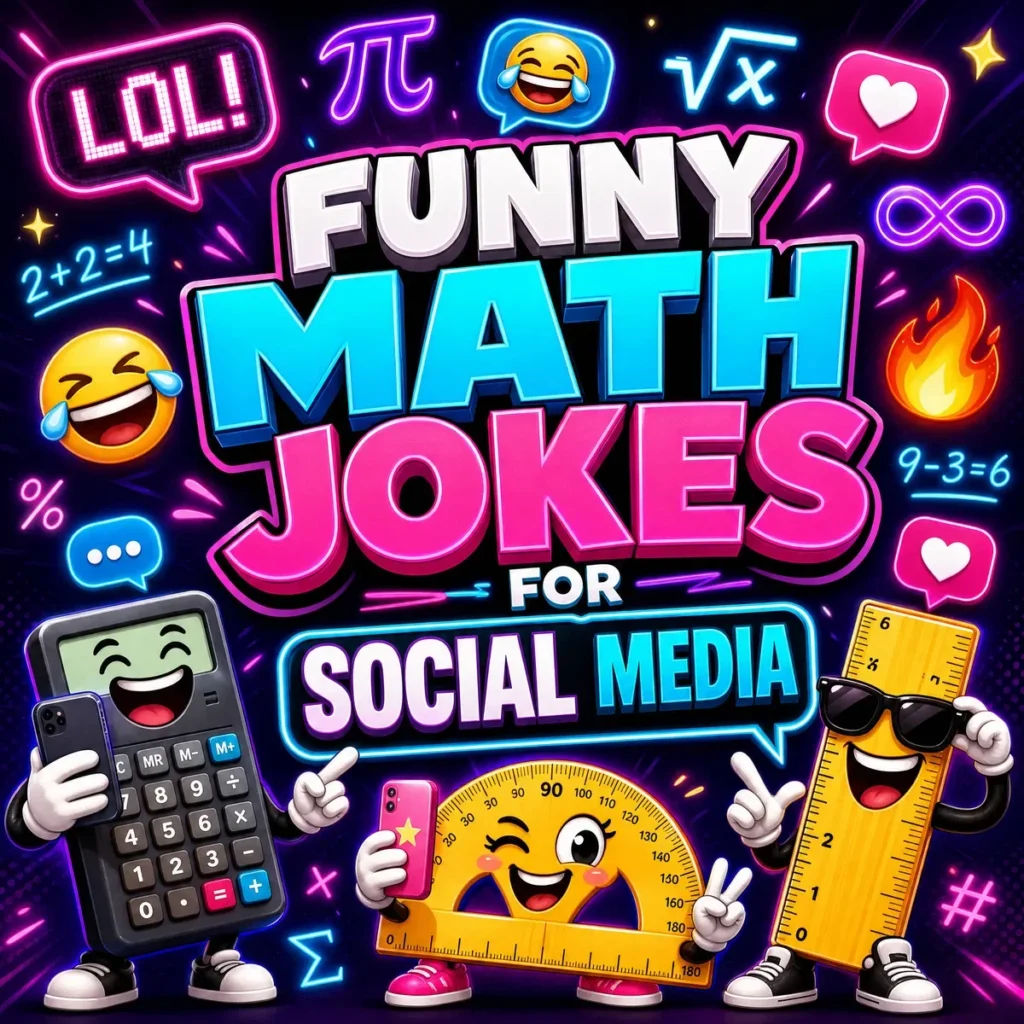 A high-energy 1200x1200px square graphic with a vibrant neon pink, cyan, and purple color scheme. The center features bold 3D text reading "FUNNY MATH JOKES FOR SOCIAL MEDIA." The dark background is filled with glowing neon mathematical symbols (pi, square root, sigma), laughing emojis, hearts, and chat bubbles. Three funny cartoon characters are featured: a laughing calculator holding a smartphone, a winking yellow protractor taking a selfie, and a laughing yellow ruler wearing black sunglasses.