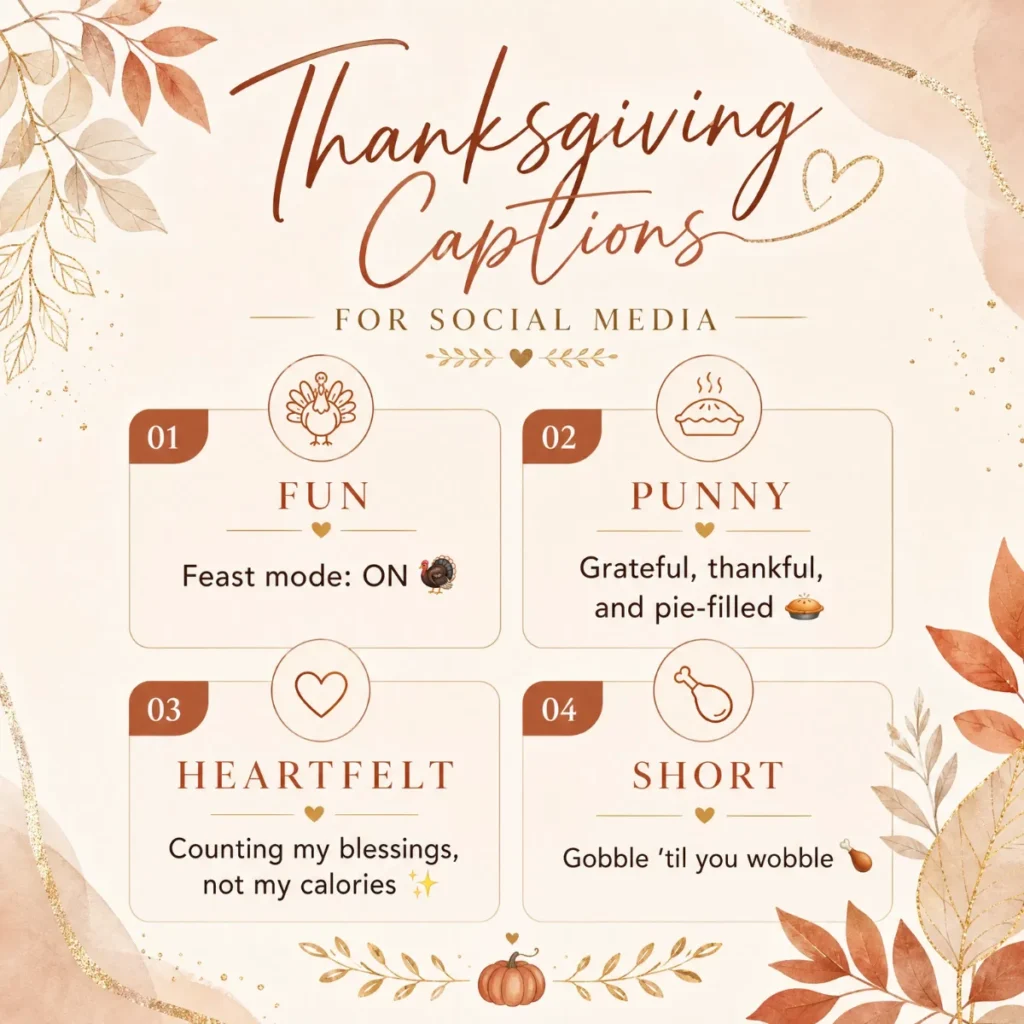 An aesthetic 1200x1200px social media graphic titled "Thanksgiving Captions for Social Media" in elegant script. The design features soft autumn leaves, gold accents, and a cream background. It displays four caption ideas categorized into Fun, Punny, Heartfelt, and Short.