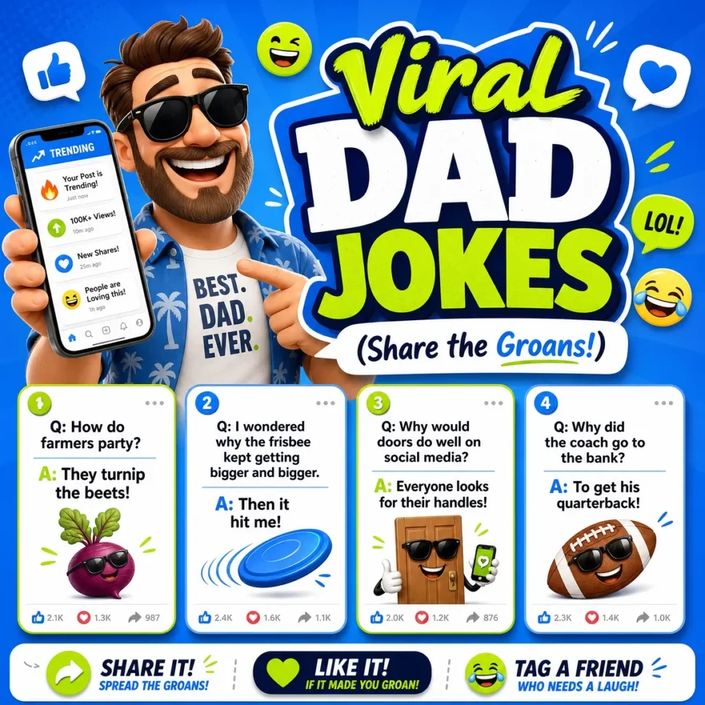 A bright 1200x1200px square poster titled "Viral DAD JOKES (Share the Groans!)" featuring a cool cartoon dad with sunglasses holding a smartphone with trending notifications. Four viral dad jokes are shown in social media-style cards: farmers turning up the beets, a frisbee hitting someone, doors having handles, and a coach getting his quarterback from the bank.