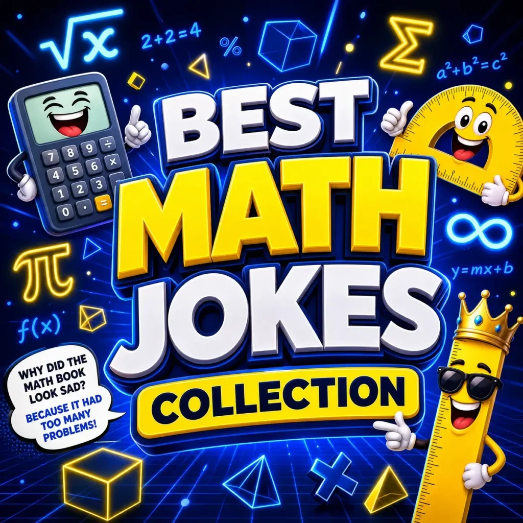 A high-energy 1200x1200px square graphic with a deep blue and neon yellow color scheme. The center features bold 3D text reading "BEST MATH JOKES COLLECTION." The background is filled with glowing neon mathematical symbols like pi, infinity, and sigma. In the corners, there are funny cartoon characters: a laughing digital calculator, a smiling protractor, and a ruler wearing a crown and sunglasses. A speech bubble in the corner tells the joke: "Why did the math book look sad? Because it had too many problems!"