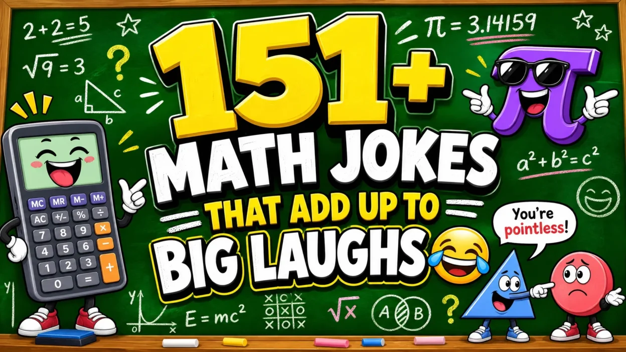 A vibrant 1920x1080 graphic with a green chalkboard background covered in white chalk drawings of equations, shapes, and symbols. The center features bold 3D text in yellow and white that reads "151+ MATH JOKES THAT ADD UP TO BIG LAUGHS 😂". Surrounding the text are fun cartoon characters: a laughing digital calculator, a purple pi symbol wearing sunglasses, and a blue triangle pointing at a red circle while saying "You're pointless!".