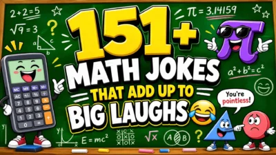 A vibrant 1920x1080 graphic with a green chalkboard background covered in white chalk drawings of equations, shapes, and symbols. The center features bold 3D text in yellow and white that reads "151+ MATH JOKES THAT ADD UP TO BIG LAUGHS 😂". Surrounding the text are fun cartoon characters: a laughing digital calculator, a purple pi symbol wearing sunglasses, and a blue triangle pointing at a red circle while saying "You're pointless!".