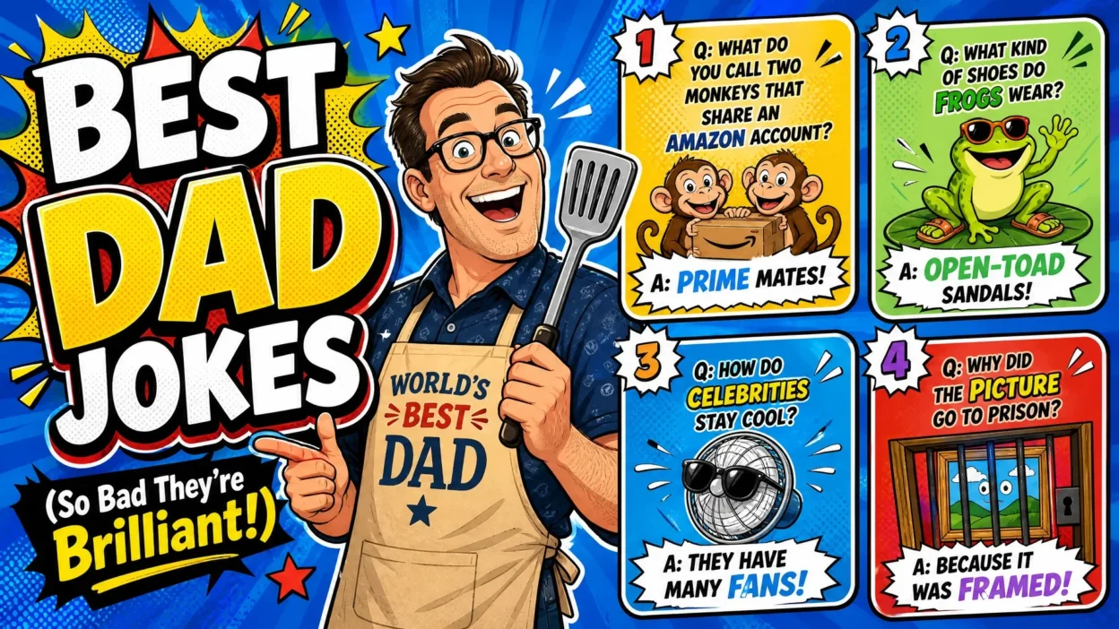 A vibrant 1920x1080px landscape poster in a pop-art style titled "BEST DAD JOKES (So Bad They're Brilliant!)". It features a cheerful dad character wearing a "World's Best Dad" apron and holding a spatula. Four "brilliant" dad jokes are shown: monkeys sharing an Amazon account (prime mates), frogs wearing open-toad sandals, celebrities staying cool (many fans), and a picture going to prison (it was framed).