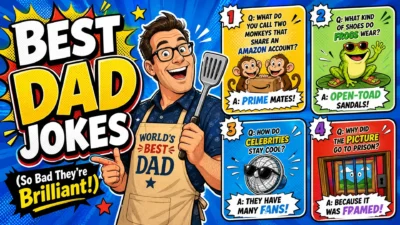 A vibrant 1920x1080px landscape poster in a pop-art style titled "BEST DAD JOKES (So Bad They're Brilliant!)". It features a cheerful dad character wearing a "World's Best Dad" apron and holding a spatula. Four "brilliant" dad jokes are shown: monkeys sharing an Amazon account (prime mates), frogs wearing open-toad sandals, celebrities staying cool (many fans), and a picture going to prison (it was framed).